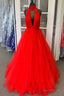 Halter Ruched Long Red Prom Dresses with Open Back