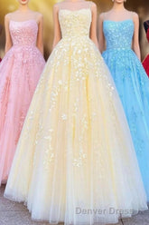 Princess Straps Long Prom Dresses with Lace Appliques
