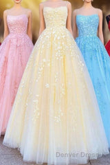 Princess Straps Long Prom Dresses with Lace Appliques