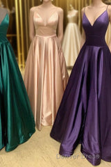 Simple A-Line Straps Satin Long Prom Dresses