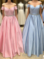 Elegant Off the Shoulder Satin Beaded Long Prom Dresses