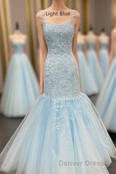 Straps Mermaid Light Blue Lace Appliqued Long Prom Dresses