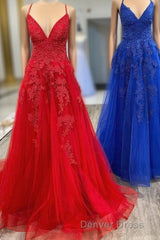 Elegant V Neck A-Line Red Appliqued Long Prom Dresses