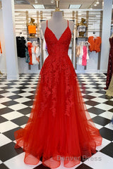 Elegant V Neck A-Line Red Appliqued Long Prom Dresses