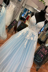 Elegant V Neck Lace-Up Back Pink Long Prom Dresses with Appliques