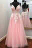 Elegant V Neck Lace-Up Back Pink Long Prom Dresses with Appliques
