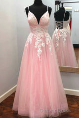 Elegant V Neck Lace-Up Back Pink Long Prom Dresses with Appliques
