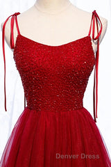 Straps Red Long Prom Dresses with Beaded Bodice