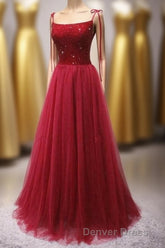Straps Red Long Prom Dresses with Beaded Bodice