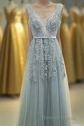 A-line Tulle Grey Long Prom Dresses