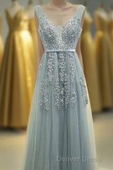 A-line Tulle Grey Long Prom Dresses