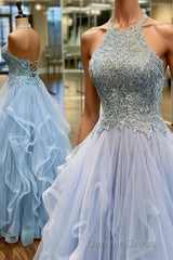 Elegant A-Line Halter Appliques Light Blue Prom Dresses