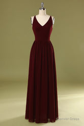 Sheath V Neck Burgundy Bridesmaid Dress with Lace Back