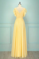 Elegant V Neck Pleated Yellow Bridesmaid Dress with Ruffles