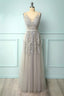 A Line Low V Back Grey Bridesmaid Dresses with Lace