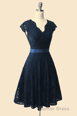 A-Line Cap Sleeve Navy Blue Bridesmaid Dresses with Belt