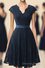 A-Line Cap Sleeve Navy Blue Bridesmaid Dresses with Belt