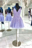 V Neck Lace Appliques Lavender Short Homecoming Dresses