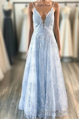 Deeep V-neck Embroidery Pink Long Prom Dresses