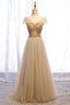 A Line Cap Sleeves Champagne Prom Dresses