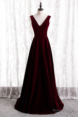 Burgundy V-Neck Velvet Formal Dress