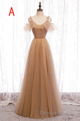 A-Line Beaded Champagne Tulle Bridesmaid Dresses