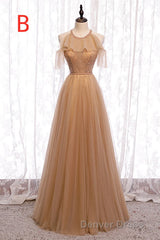 A-Line Beaded Champagne Tulle Bridesmaid Dresses