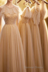 A-Line Beaded Champagne Tulle Bridesmaid Dresses