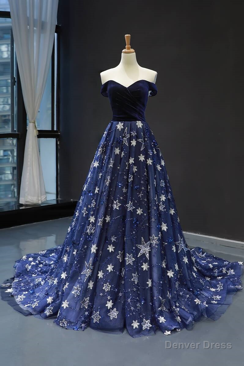 A Line Off the Shoulder Navy Blue Prom Dresses LBQ2034 main image 0