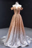 Off the Shoulder Gold and Silver Ombre Sequins Prom Dresses