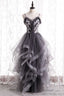 Spaghetti Straps Dark Grey Tiered Long Prom Dresses