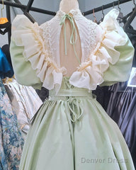 80S Style Puffy Sleeve Lace High Neck Midi Dress