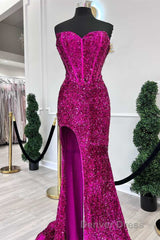 Fuchsia Sequin Strapless Mermaid Long Prom Dresses with Slit