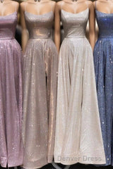 A-Line Sparkle Split Backless Evening Dresses Long Prom Dresses With Pocket