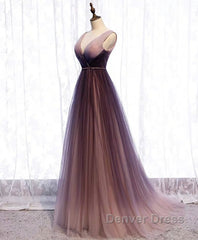 Simple V Neck Tulle Long Prom Dresses, Tulle Evening Dresses