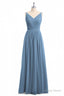 Simple Dusty Blue V Neck Backless A Line Long Bridesmaid Dresses