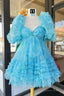 Blue Puff Sleeves Ruffles Babydoll Homecoming Dresses with Bow