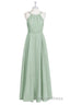 Sage Green Chiffon Halter A Line Long Bridesmaid Dresses