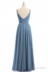 Simple Dusty Blue V-Neck Backless A-Line Long Bridesmaid Dress