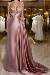 Glamorous Pink Prom Dresses Sweetheart Spaghetti Strap With High Slit Trail
