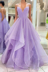 Purple V Neck Sleeveless A Line Tulle Sequin Prom Dresses