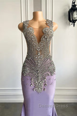 Lilac Mermaid Prom Dresses with Scoop Neckline Sleeveless and Crystal Beadings