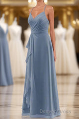 Dusty Blue Chiffon Halter Backless Ruffled Long Bridesmaid Dresses