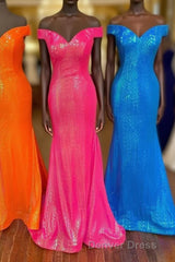 Off the Shoulder Orange Mermaid Long Prom Dresses