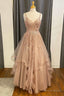 Champagne Lace Beaded V Neck Straps A Line Tiered Prom Dresses