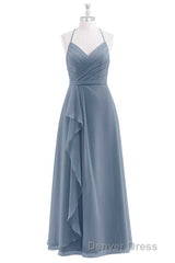 Dusty Blue Chiffon Halter Backless Ruffled Long Bridesmaid Dresses