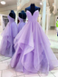 A Line v neck purple tulle long prom Dress A Line v neck purple backless long Prom Dresses