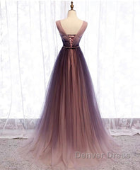 Simple V Neck Tulle Long Prom Dresses, Tulle Evening Dresses