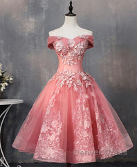 Pink Tulle Lace Off Shoulder Short Prom Dresses, Pink Homecoming Dresses
