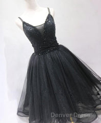 Black Tulle Beads Short Prom Dresses, Black Homecoming Dresses